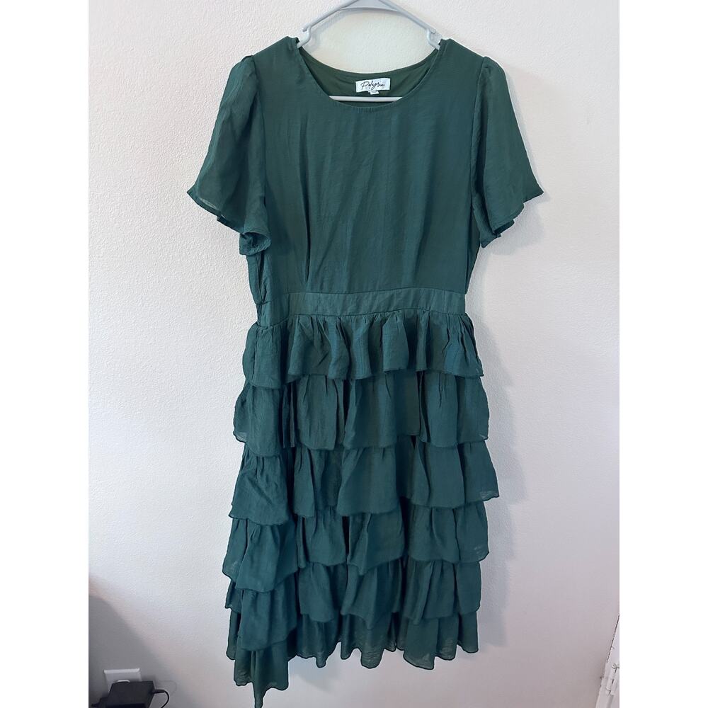 Polygram womens size large green dress tiered ruffles short sleeve maxi boho